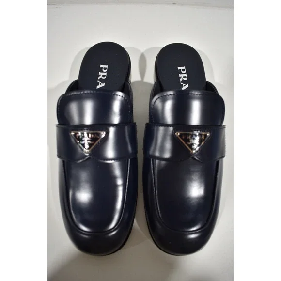 Prada Navy Blue Leather Triangle Silver Logo Loafer Slip On Slide Mule Flat 36.5